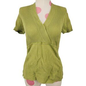 Women's Worthington Faux Wrap Ribbed Short Sleeve Sweater Green Large Silk Visco
